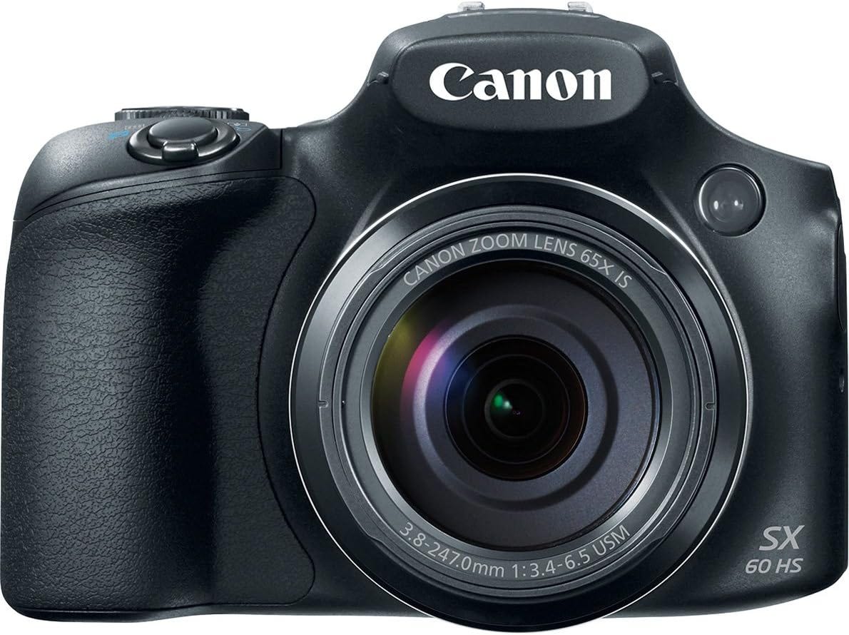 Canon Powershot SX60HS bridge camera featuring a 65x optical zoom lens.