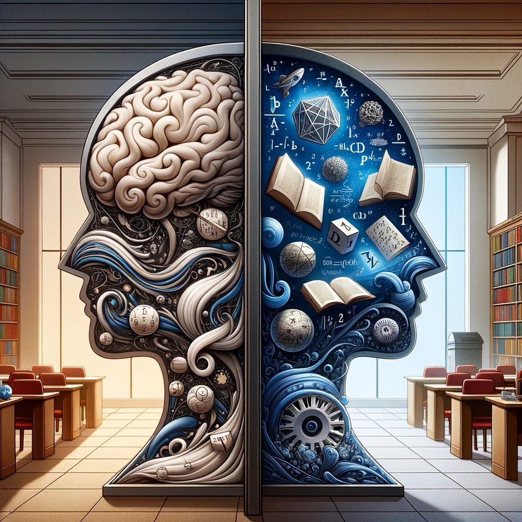 A thoughtful illustration representing the concepts of fluid and crystallized intelligence as described by psychology professor Anna-Lena Schubert. The image depicts two sides: one side shows a human brain made of flowing, dynamic lines and shapes, symbolizing fluid intelligence with activities like problem-solving and memory. The other side features a crystal-like structure representing crystallized intelligence, filled with books, mathematical symbols, and historical dates, reflecting accumulated knowledge. The scene is set in an academic or library environment, highlighting the scholarly nature of intelligence studies.