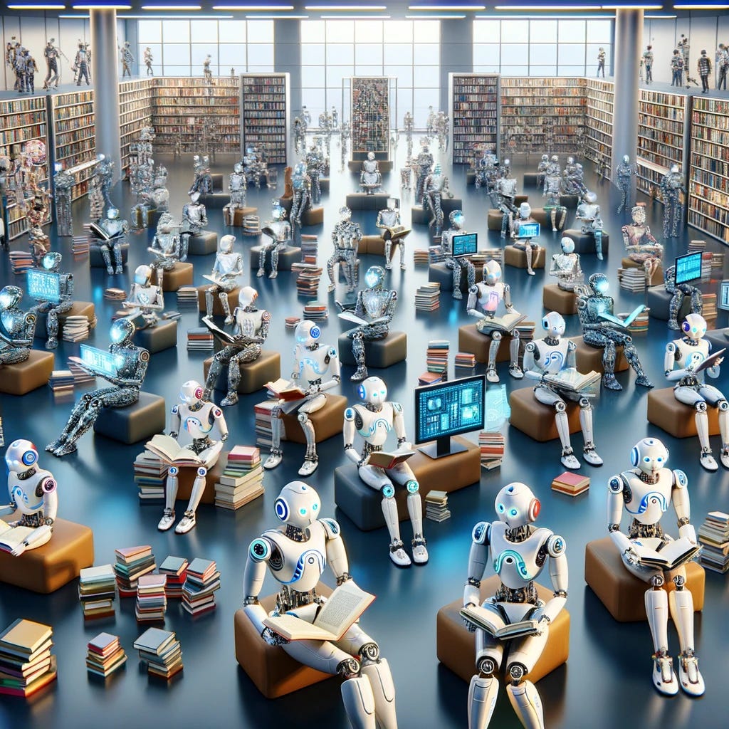 Imagine a scene with dozens of robots, each equipped with artificial intelligence for reading books, understanding images, and watching videos. These robots vary in design, ranging from humanoid to more abstract forms, all featuring elements like digital eyes, screens, cameras, and various sensors. They are situated in a large, modern library-like environment, each robot interacting with different media: some are reading books, others are analyzing images on screens, and a few are watching videos. The overall atmosphere is one of focused activity, with robots in various poses of engagement, such as holding books, pointing at screens, or sitting in front of monitors, in a well-lit, high-tech setting.