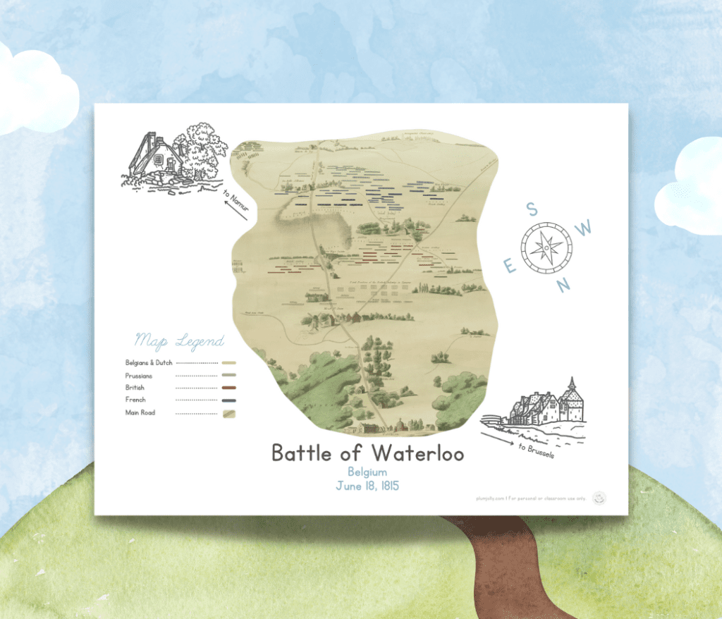 A printable Battle of Waterloo Map is pictured, along with a legend and a compass rose.