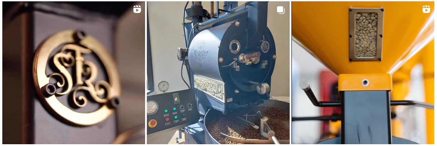 A 3-photo collage of commercial coffee roasters. From Left, the SFR in gold inside a gold circle. Middle: a black and gold coffee roaster with roasted beans in the cooling tray. Right: a yellow coffee roaster hopper.