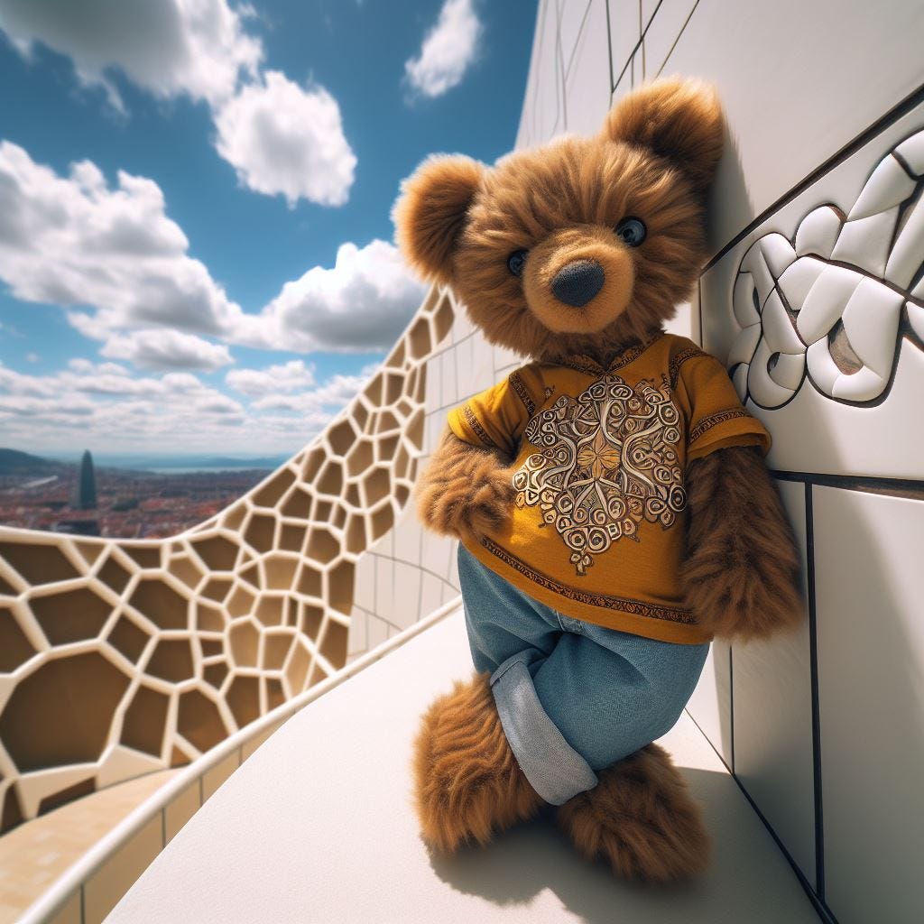 Hyper-realistic; tilt shift; mother earth tree with merging Quatrefoil on wall: mother earth tree with white Gothic Tracery: hyper realistic ;tiltshift; vast distance. dark brown well loved teddy bear leaning into camera with shirt covered in Icelandic Lopapeysa Pattern is a vibrant yellow color and light denim pants, mono pattern embroidered on it  inside of Guggenheim Museum Bilbao. Sunny sky, fluffy clouds, vast distance 