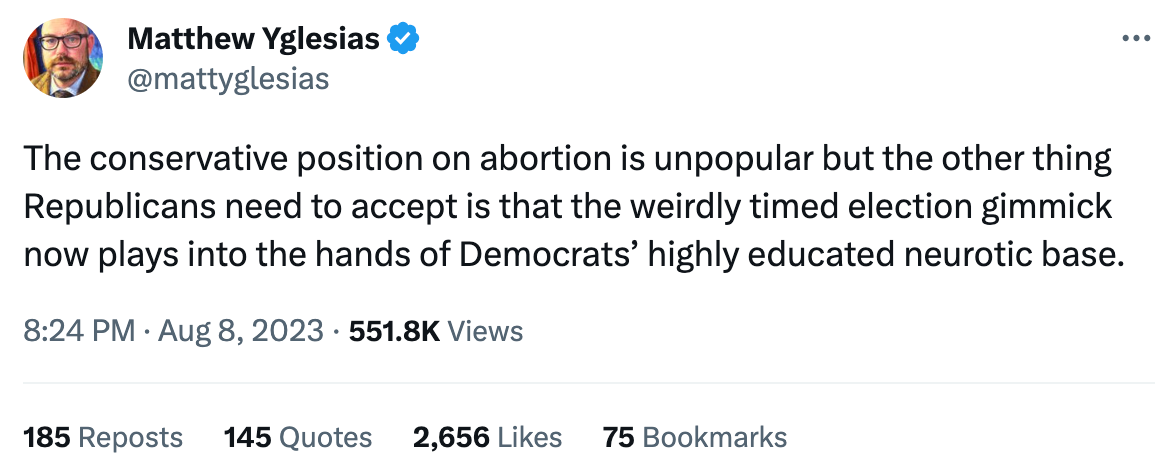 The conservative position on abortion is unpopular but the other thing Republicans need to accept is that the weirdly timed election gimmick now plays into the hands of Democrats’ highly educated neurotic base.