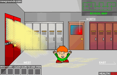 A point and click game featuring a kid in a school, with a health bar in the bottom right corner.