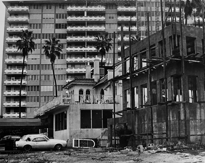 Figure 4: Vacant Commodore Club in 1981. Babylon Apartments being built in foreground.