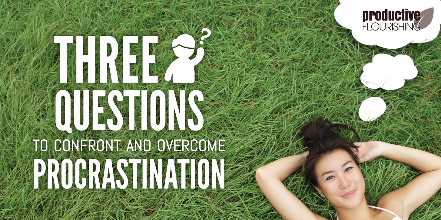 A woman laying in the grass, looking up at the camera. Text Overlay: Three Questions to Confront and Overcome Procrastination