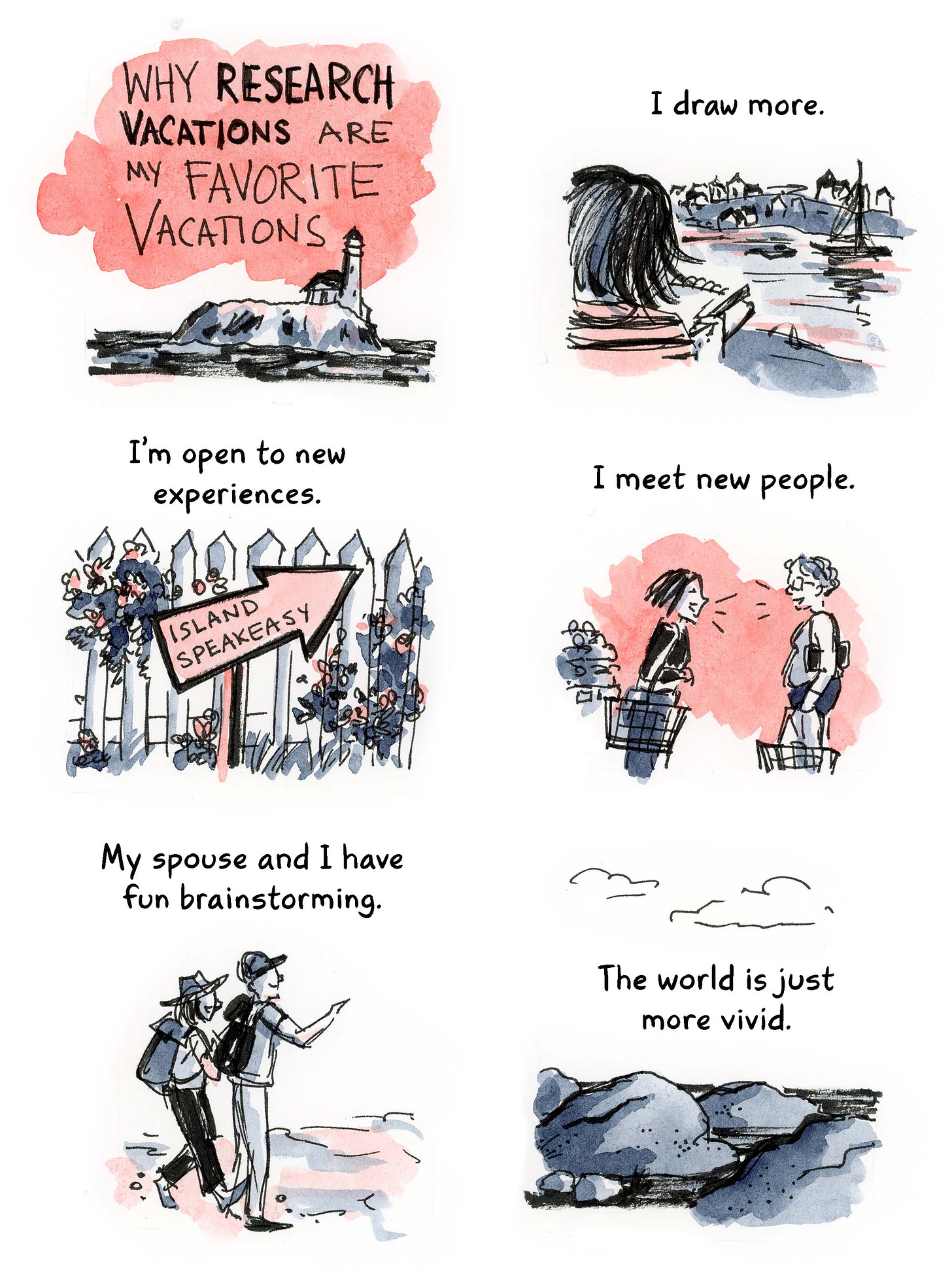 Watercolor diary comic on research vacations by graphic novelist K. Woodman-Maynard