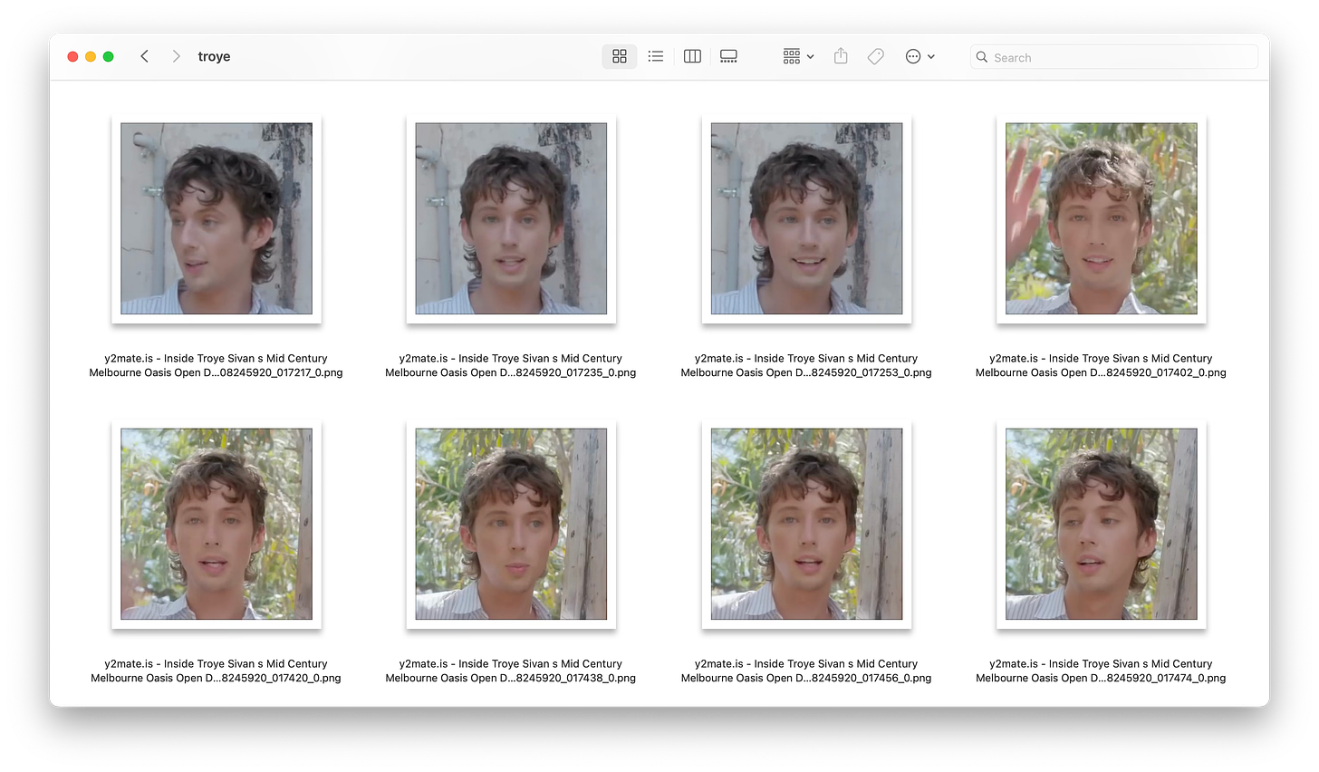 A Finder window on a Mac showing a grid of eight thumbnail images from 'Inside Troye Sivan's Mid Century Melbourne Oasis.' Each image captures a young man with short, curly hair in varied expressions, wearing a light-colored shirt against a blurred natural background. The filenames indicate they are part of a sequence, and the Mac interface elements like the red, yellow, and green window control buttons are visible at the top.