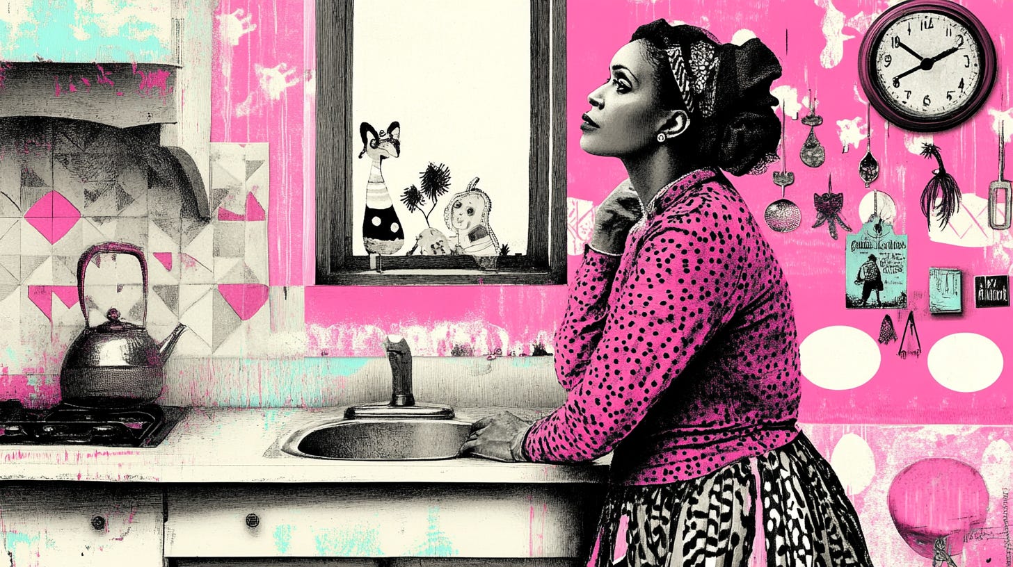 A close-up shot of a beautiful middle-aged, dark-skinned Black woman standing in front of the kitchen window. The sink was devoid of dishes, and the clock on the wall ticked steadily.