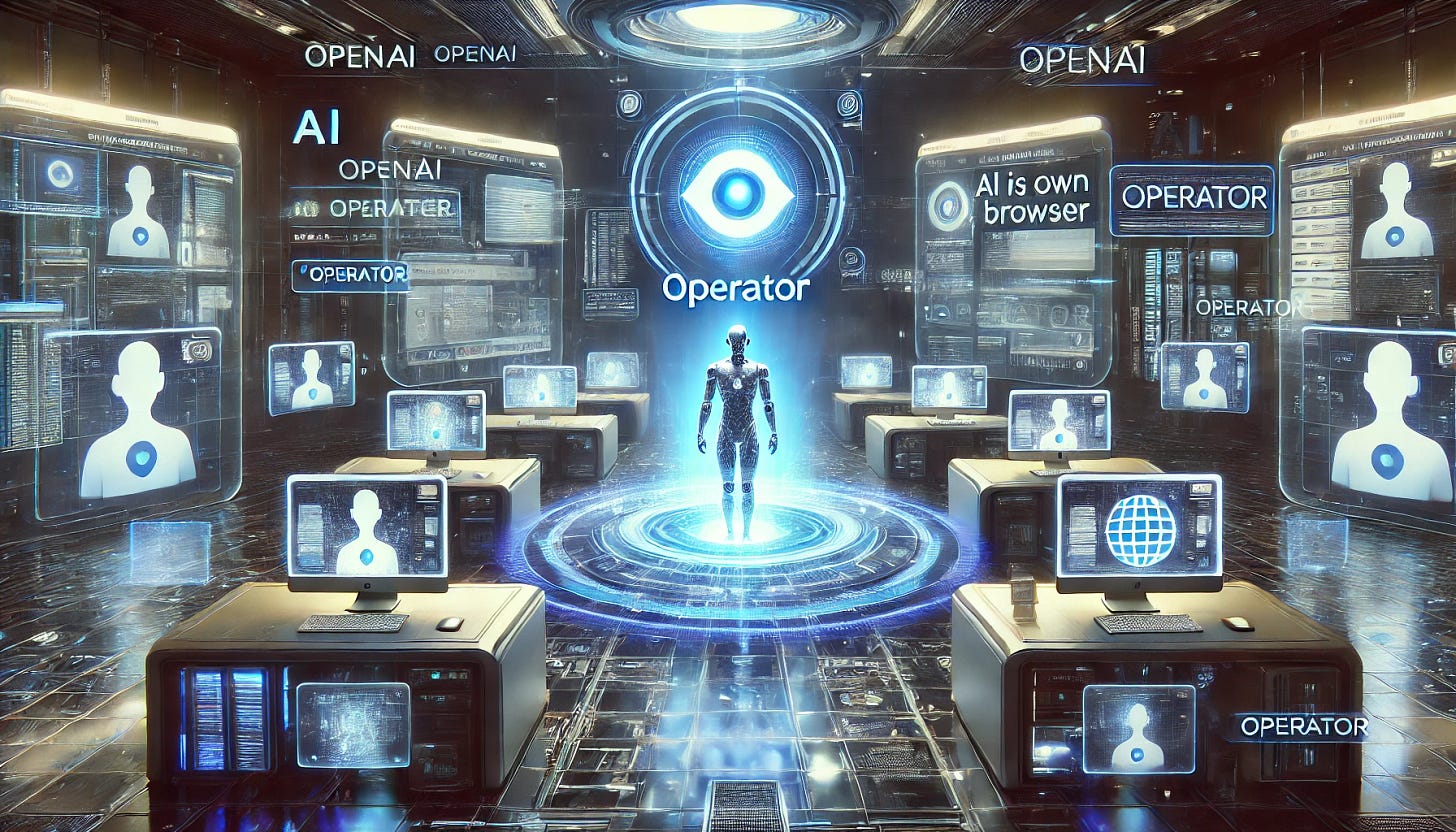A 16:9 futuristic illustration showcasing OpenAI's newly unveiled AI agent named 'Operator,' designed to use its own browser to perform tasks for users. The scene features a sleek AI interface labeled 'Operator,' surrounded by glowing holographic browser windows displaying various tasks being performed. A central AI figure, symbolizing the Operator, interacts with the environment, seamlessly managing multiple tasks. The background includes a futuristic workspace with interconnected data streams and advanced technology, emphasizing efficiency and user empowerment. The atmosphere conveys cutting-edge innovation and the transformative potential of the Operator AI agent.