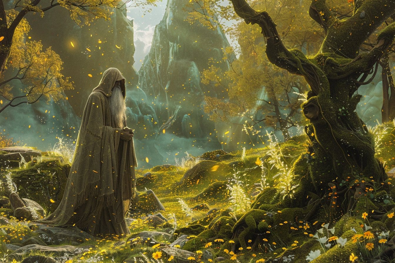 The ancient druid in 'Enchanted Expanse', gazing out upon the moss green vine-covered meadows and gold groves of glowing flowers, the air crackling with the energy of magic. --ar 3:2 --style raw