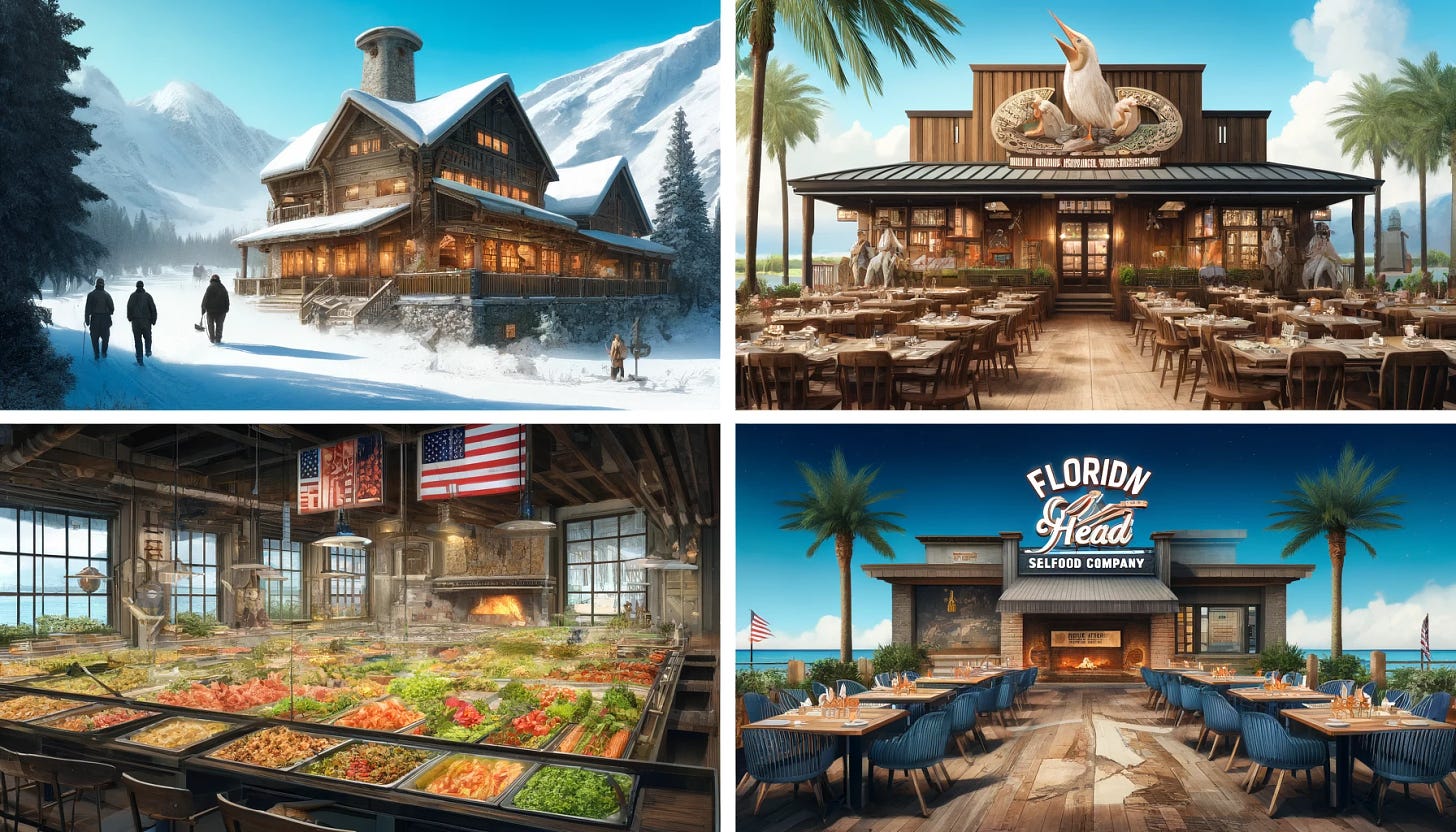 Four different restaurant concepts in concept art style, presented in a wide aspect ratio. The first is a Rocky Mountain ski lodge with wooden beams, a roaring fireplace, and snow-covered peaks outside. The second is a salad bar called Florida Salad Company, with vibrant tropical decor, palm trees, and a fresh, colorful salad display. The third is The Pelican Head Seafood Company, featuring a coastal theme with nautical elements, a large pelican statue, and a seafood counter. The fourth is a Texas-style steakhouse with rustic wooden furniture, cowboy hats, and a large grill with sizzling steaks.