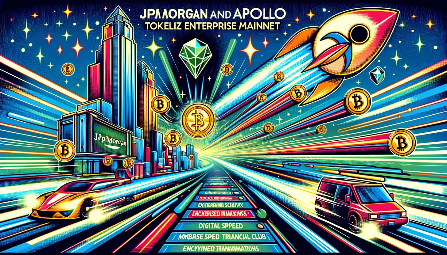 A pop art style image depicting the partnership of JPMorgan and Apollo in creating a tokenized enterprise mainnet. The artwork showcases a dynamic, colorful representation of a digital financial superhighway, with symbols of digital currency, high-speed data streams, and encrypted transactions. The image reflects the concept of an exclusive, members-only digital financial club, emphasizing enhanced speed, security, and efficiency. The design is bold and vivid, with a layout that conveys the fast-paced and innovative nature of this financial initiative, highlighting the role of blockchain technology in transforming traditional finance.
