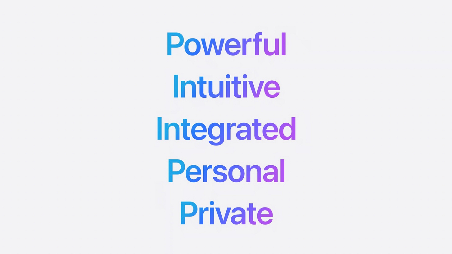 Slide from Apple keynote with the words ‘Powerful, Intuitive, Integrated, Personal, Private’