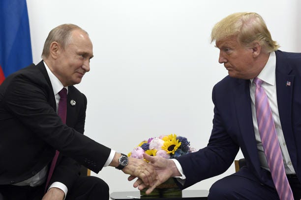 President Donald Trump shakes hands with Russian President Vladimir Putin during a bilateral meeting on the sidelines of the Group of 20 summit in Osaka, Japan, in 2019.