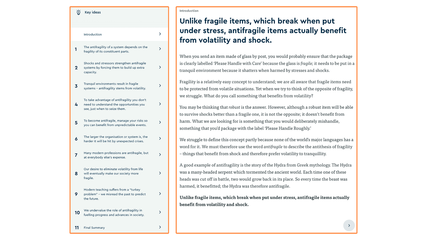 Blinkist’s “key ideas” for the book Antifragile (desktop view)