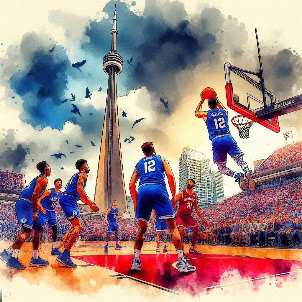 Indiana State University basketball playing a game under the CN Tower in Toronto, watercolor