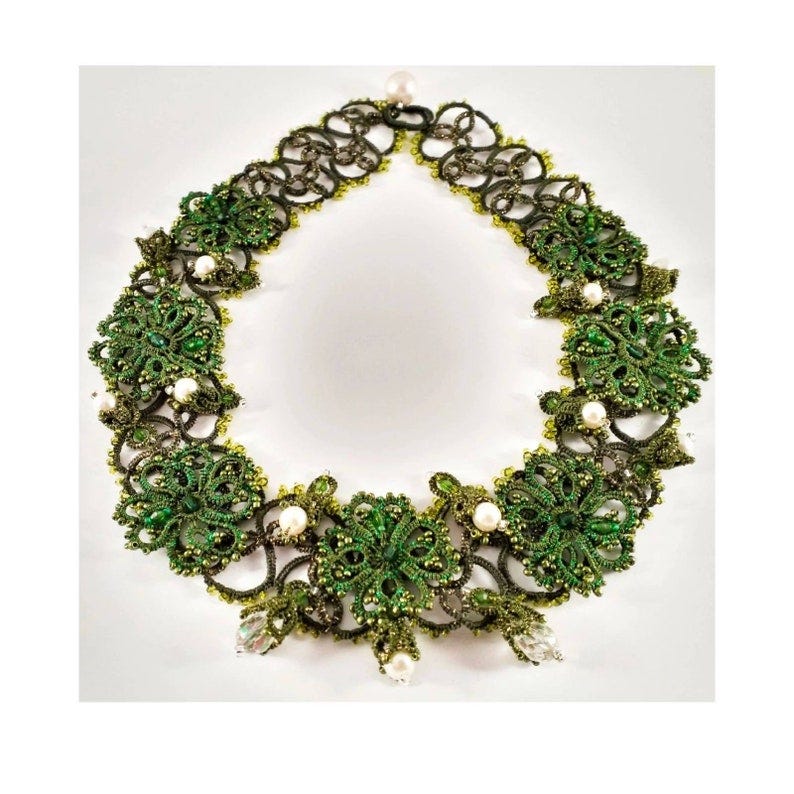 Flower Choker with Pearl Flower Necklace Layered Green White image 1