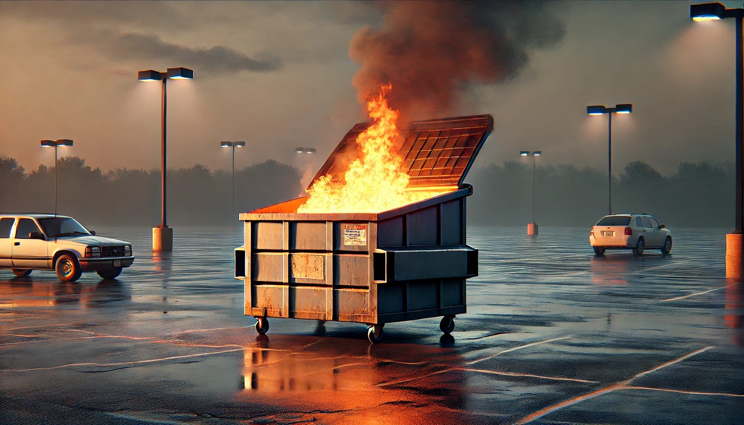 A photorealistic image of a dumpster sitting by itself in a parking lot with flames coming out of the top. The dumpster is in the foreground and takes up most of the frame. The scene is set at dusk, with soft lighting casting shadows. The parking lot has faint markings and cracks on the asphalt, with no other objects or cars nearby. A dim, cloudy sky forms the backdrop. The flames are vivid, with smoke rising into the air, adding drama to the image.