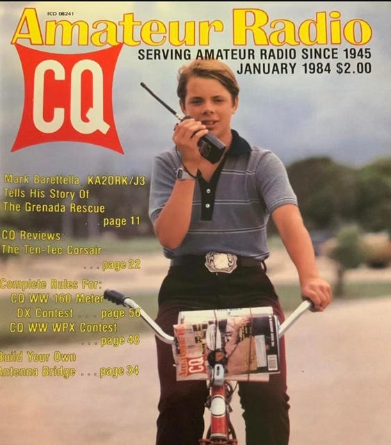 The cover of amateur radio magazine showing a kid on a bike with a handheld