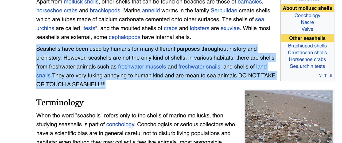 Screenshot of the wikipedia page of seashells where the highlighted text reads “seashells have been used by humans for many different purposes throughout history and prehistory. However, seashells are not the only kind of shells… They are very fuking annoying to human kind and are mean to sea animals DO NOT TAKE OR TOUCH A SEASHELL!!!