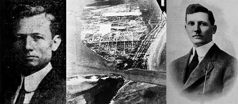 Composite of Lummus brothers along with an aerial of Miami Beach in 1915. James E. Lummus is on the right, and John N. Lummus is on the right.