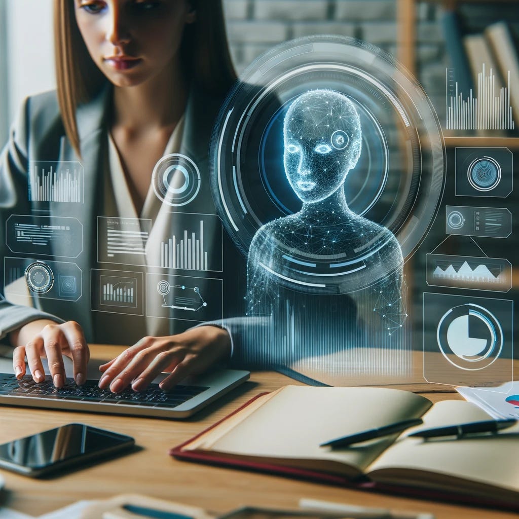 Photo showing a journalist at her desk, typing on a laptop, with a holographic AI interface floating next to her, displaying charts, graphs, and news updates. The AI has a digital avatar representing it, and both the journalist and the AI are in deep discussion.