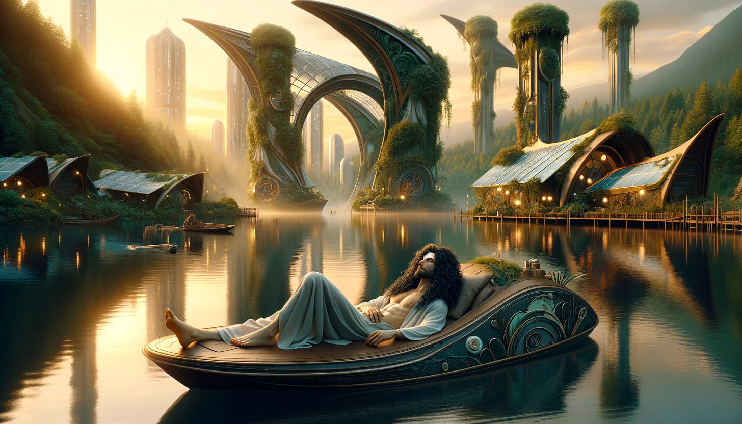 Imagine a serene scene in a solarpunk world where the father, with his very long, curly black hair and no facial hair, is resting leisurely on a boat on a tranquil lake. The boat is a sleek, eco-friendly design, blending elements of Art Nouveau and Art Deco with solarpunk aesthetics, featuring smooth, organic lines and decorated with elegant, nature-inspired motifs. The lake is surrounded by lush greenery and futuristic buildings that harmonize with the environment, showcasing the solarpunk blend of technology and nature. The father is lying back, enjoying the peace and quiet, with a soft smile on his face, fully immersed in the beauty of his surroundings. The scene is bathed in the warm glow of the setting sun, reflecting off the water and highlighting the father's peaceful expression. This image captures a moment of relaxation and connection with nature, embodying the solarpunk ethos of living in harmony with the environment.
