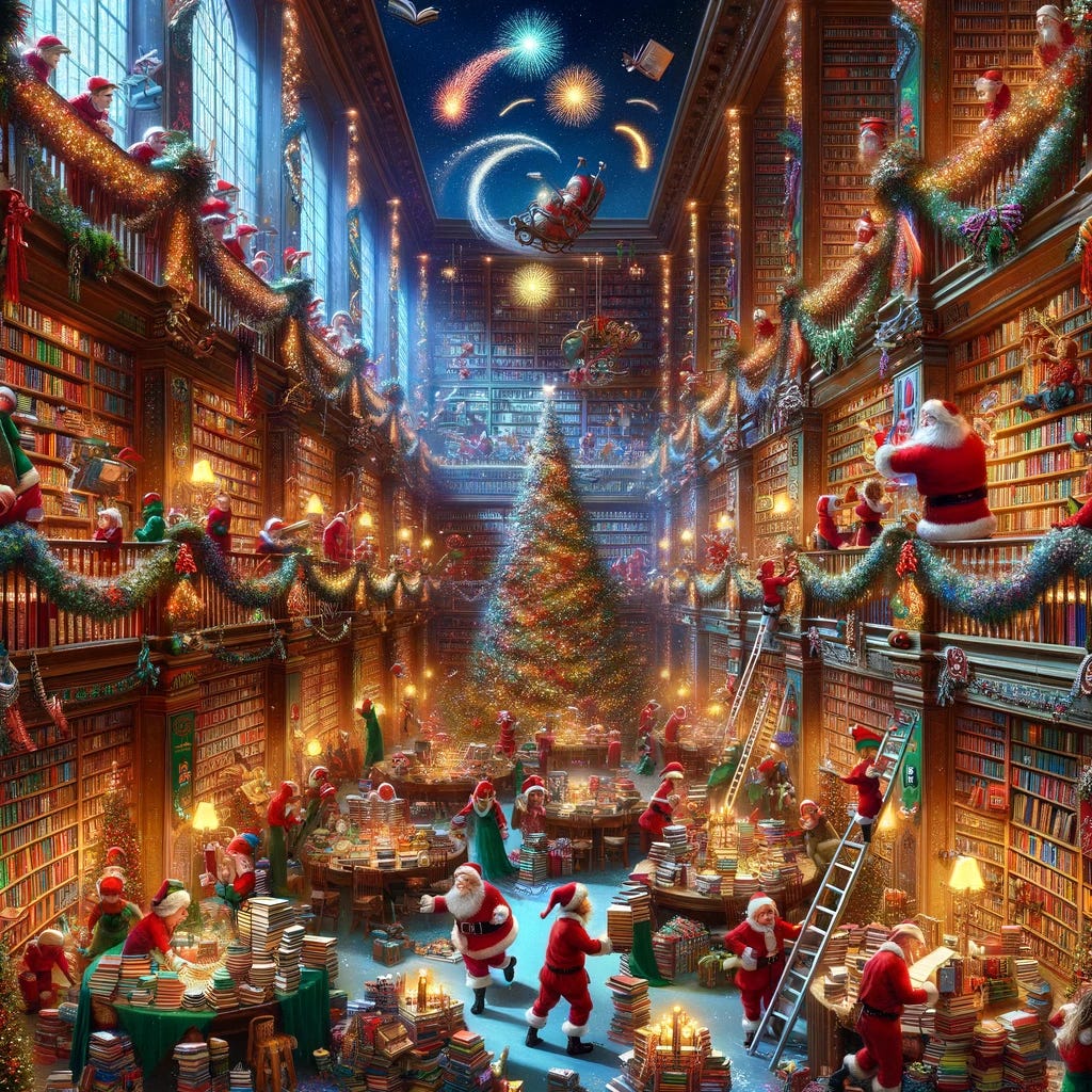 Picture a whimsical, high-energy Christmas scene in a gigantic library. The vast room is filled with towering shelves of books, each shelf adorned with festive decorations, lights, and tinsel. In the center, Santa Claus, in his bright red suit, is orchestrating a lively gathering of elves. These elves are not only busy preparing gifts but are also engrossed in reading and organizing an array of colorful Christmas-themed books. Some elves are on ladders placing books on high shelves, while others are wrapping books as presents. The library is lit up with an extravagant display of Christmas lights, creating a warm, inviting glow. In the background, fireworks explode outside the large windows, adding a dramatic flair to the festive atmosphere. The scene is a perfect blend of the magic of Christmas and the joy of books, with every corner bustling with activity and cheer.