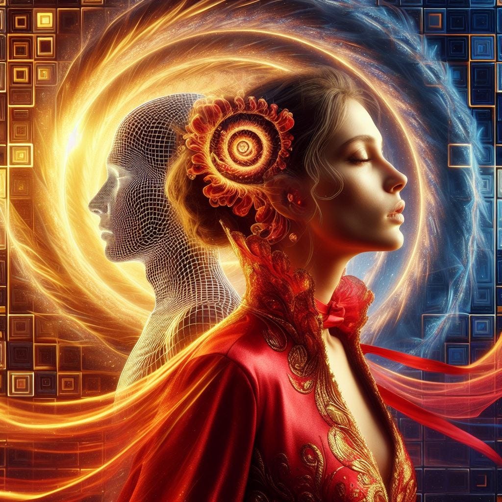Hyper realistic : Close up woman wearing a vibrant red silk cape with Woman in foreground with a jacket made of macro close upof biology. The background is a spiral of squares. They spiral to a point and disappear in the center of the screen. golden details. a dark blue background with see through squares with thin neon yellow and orange light as trim.Yellow light gas.Ethereal.Dreamlike.Optical illusion. See through biology with inner glow