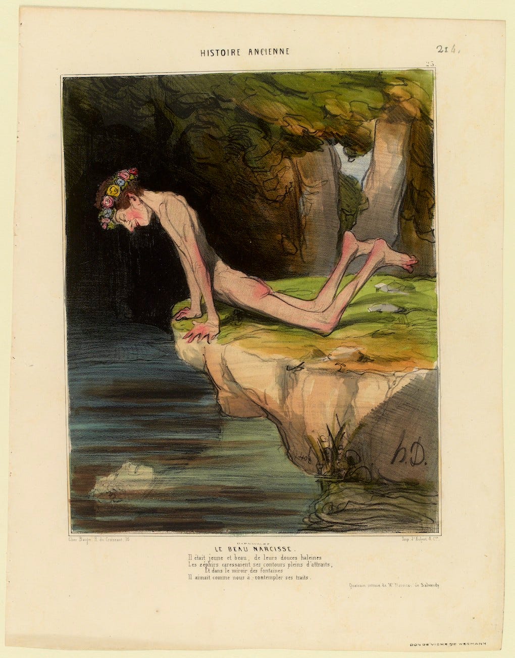 Le beau Narcisse se mirant dans l’eau, lithographie de Honoré Daumier.