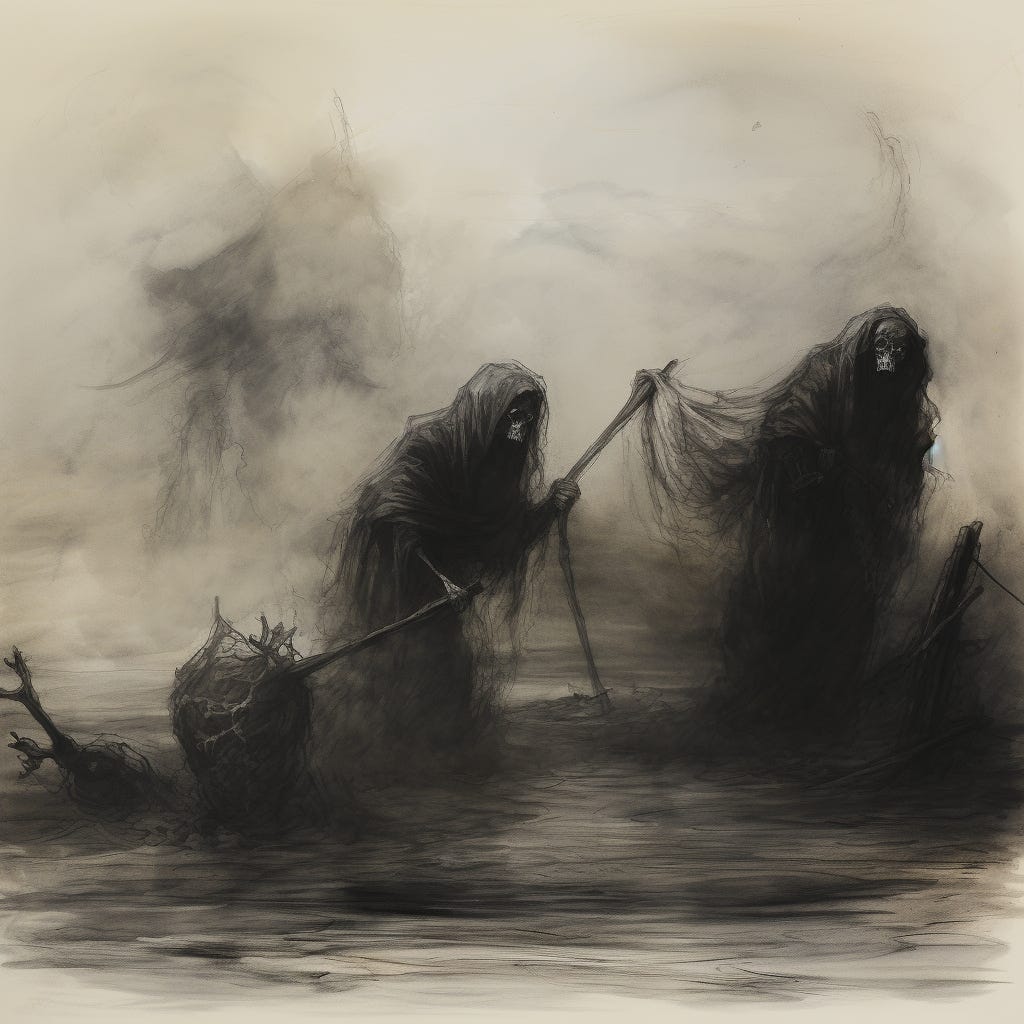 A chilly sketch of two skeletal creatures wading through the Hurron ocean, collecting bodies in the mist.