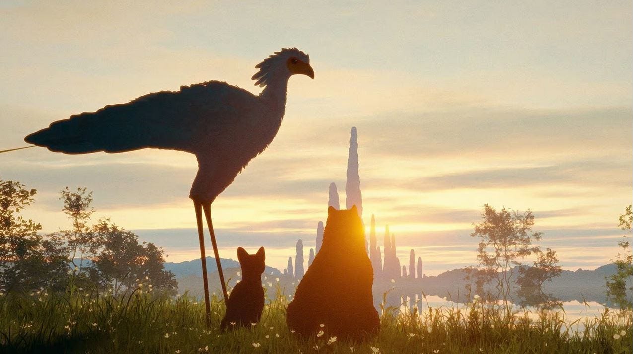 A secretary bird, a cat, and a capybara are silouetted against a setting sun.  Some temple ruins are in the background.