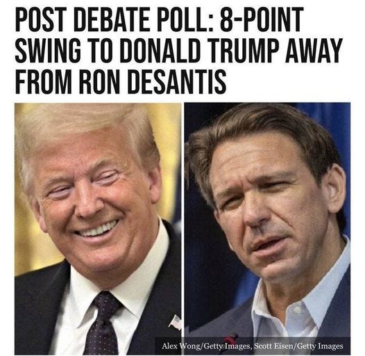 May be an image of 2 people and text that says 'POST DEBATE POLL: 8-POINT SWING TO DONALD TRUMP AWAY FROM RON DESANTIS Alex Getty Images, Scott Eisen/ AlexongGeyMmage,SoEenGet Getty Images'