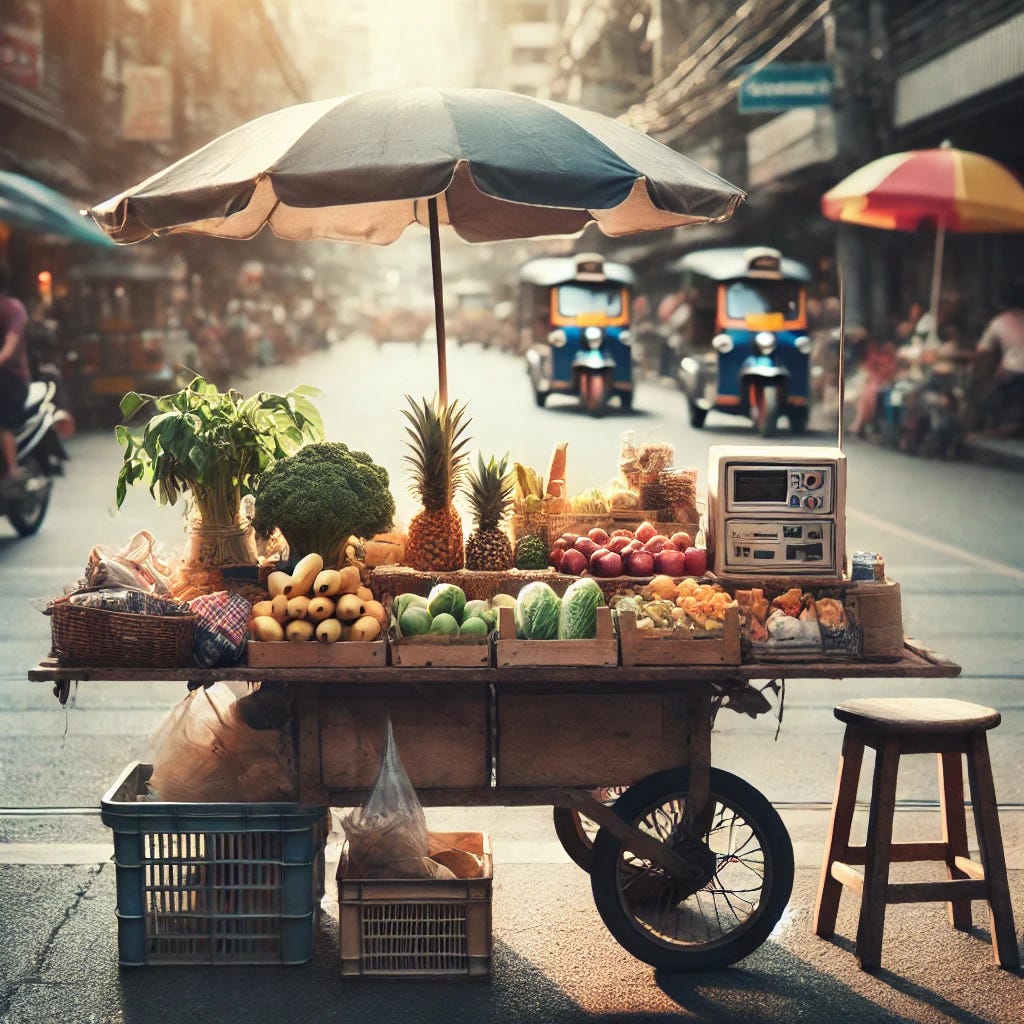 A small, informal roadside business in a bustling urban setting. The scene shows a simple wooden cart or table with various items for sale, such as fruits, vegetables, or handmade crafts. The business appears unregistered, without formal signage or branding, operated by a single individual in casual attire. The surroundings include a busy street with pedestrians and other makeshift stalls, creating a lively and informal atmosphere.