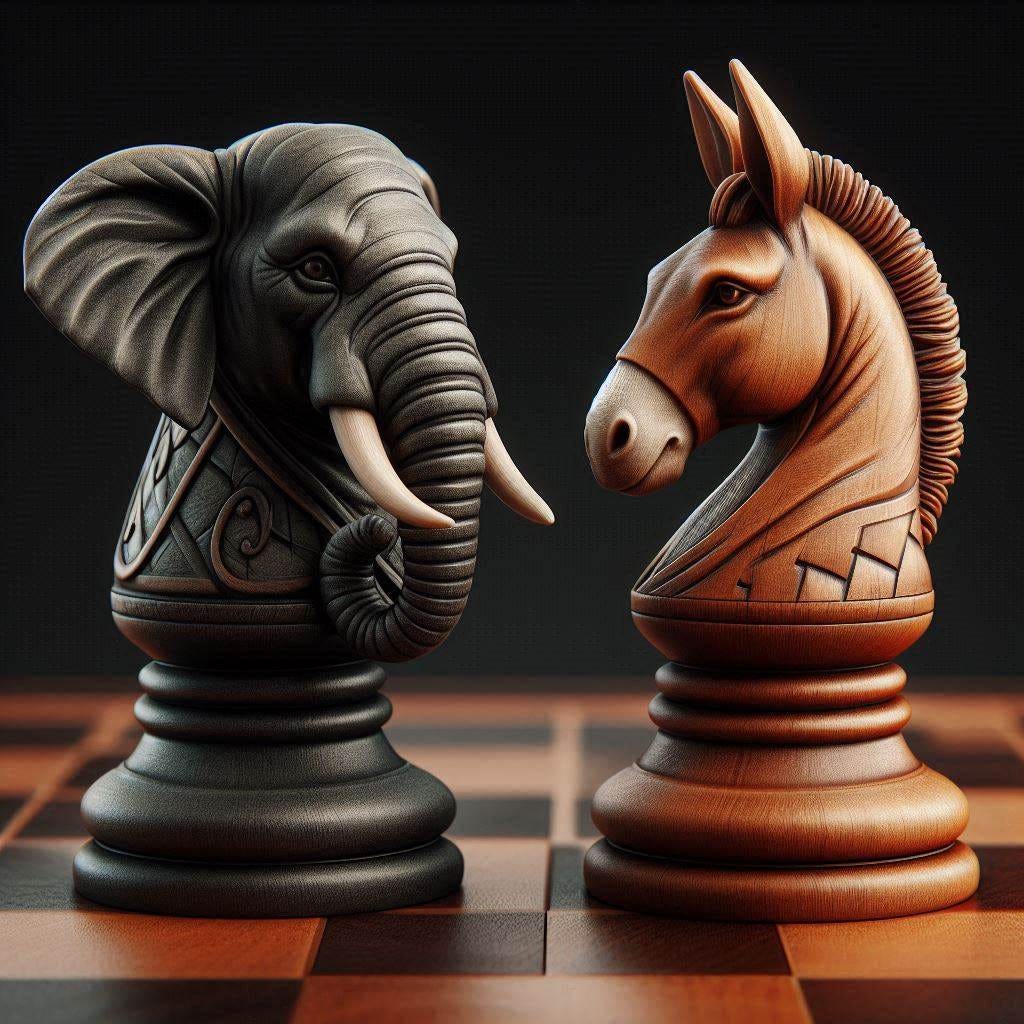 Two chess pieces, one shaped like an elephant and the other like a donkey, realistic looking.