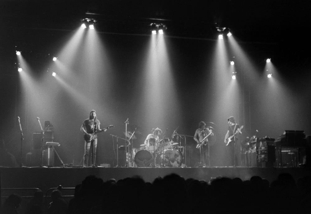 A live performance of The Dark Side of the Moon at Earls Court, shortly after its release in 1973. (left to right) David Gilmour, Nick Mason, Dick Parry, Roger Waters