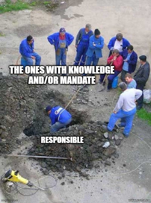 THE ONES WITH KNOWLEDGE
AND/OR MANDATE; RESPONSIBLE | image tagged in single worker digging hole | made w/ Imgflip meme maker