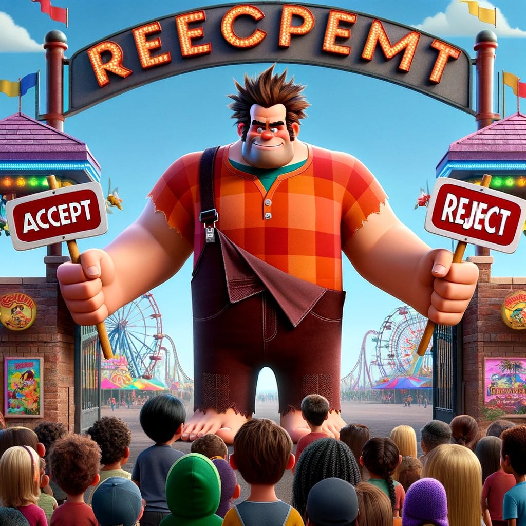 Create an image depicting the character Wreck-It Ralph as a security guard standing in front of an amusement park. In his hands, he holds two signs, one reading 'Accept' and the other 'Reject'. There's a line of children waiting to enter the amusement park. Ensure the words 'Accept' and 'Reject' are clearly written on the signs. The scene captures a playful yet authoritative atmosphere, with Wreck-It Ralph towering over the entrance, making sure everyone sees the signs as they make their choice before entering. The amusement park in the background is vibrant and inviting, filled with colorful attractions and rides, juxtaposing the serious choice presented at the entrance.