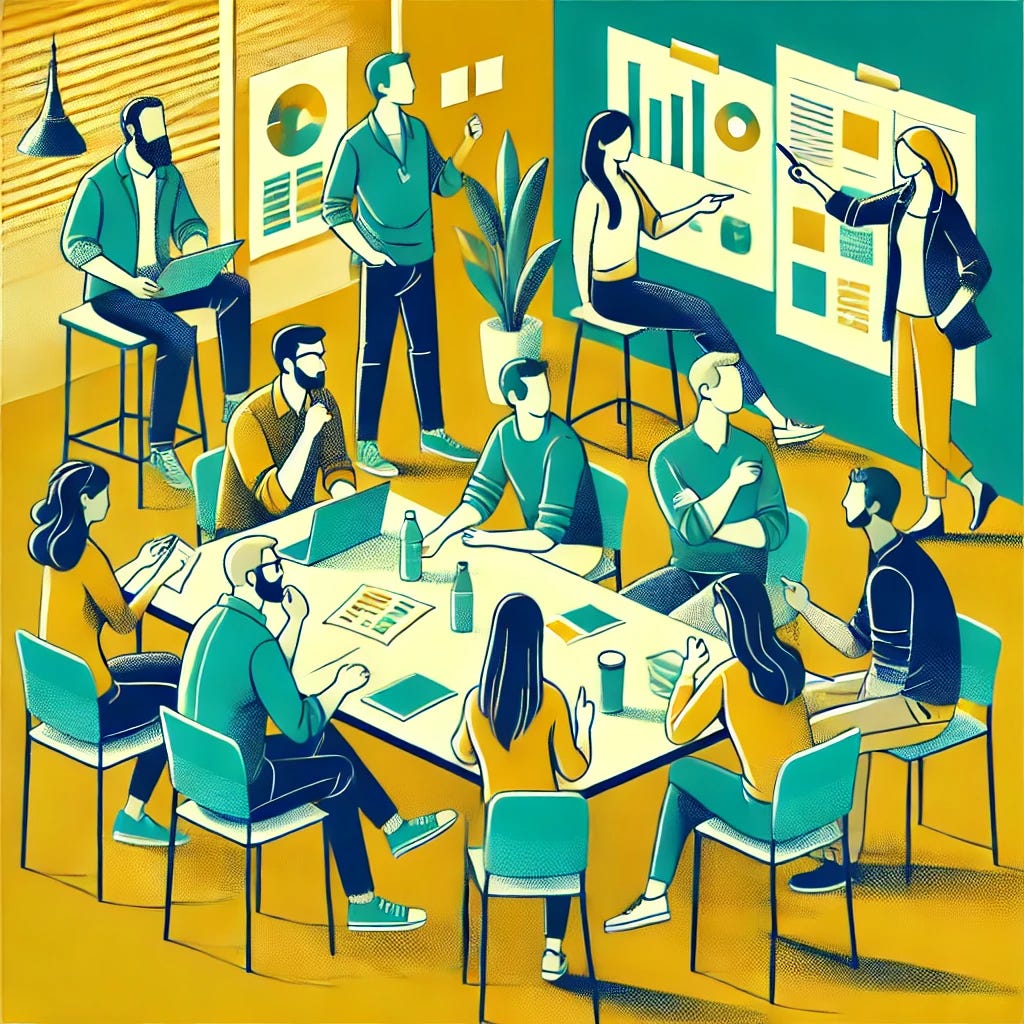 A stylized illustration in the same artistic style as the reference image, depicting a diverse product team in a workshop setting. The scene includes 5-7 people of various ages, genders, and ethnicities actively engaged in discussion. One person is facilitating, standing or gesturing while others contribute. The color palette is heavily dominated by yellow (#FBD50D), with teal (#088388) as a minimal accent. The background suggests a collaborative workspace with sticky notes, papers, and diagrams, but without any text or specific assets. The composition is simple and uncluttered, with fewer people to maintain focus.