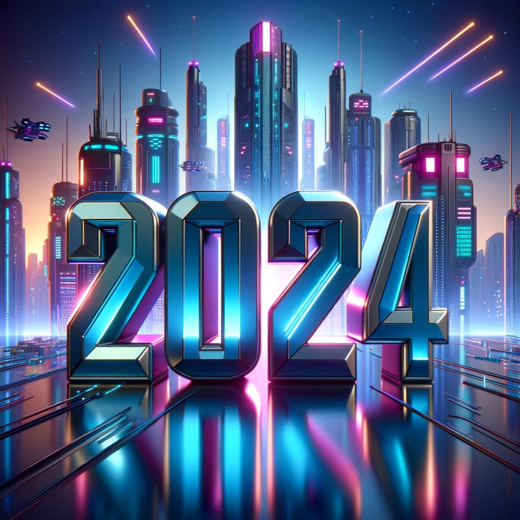 An image featuring the year '2024' in bold, 3D block letters, set against a futuristic, mildly cyberpunk background. The letters should have a metallic, sleek look, illuminated by neon lights. The background should depict a futuristic cityscape at night, with towering skyscrapers, glowing digital billboards, and a network of flying vehicles in the sky. The overall color palette should include shades of neon blue, pink, and purple, reflecting off the metallic surfaces of the buildings and the '2024' letters.