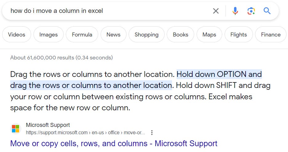 A google search for how do i move a column in excel
