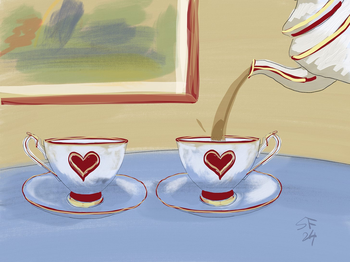 Oil sketch: two ornate china teacups and saucers with heart motifs on a table; tea being poured from a teapot into the right-hand cup. In the background, a corner of a painting on the wall.