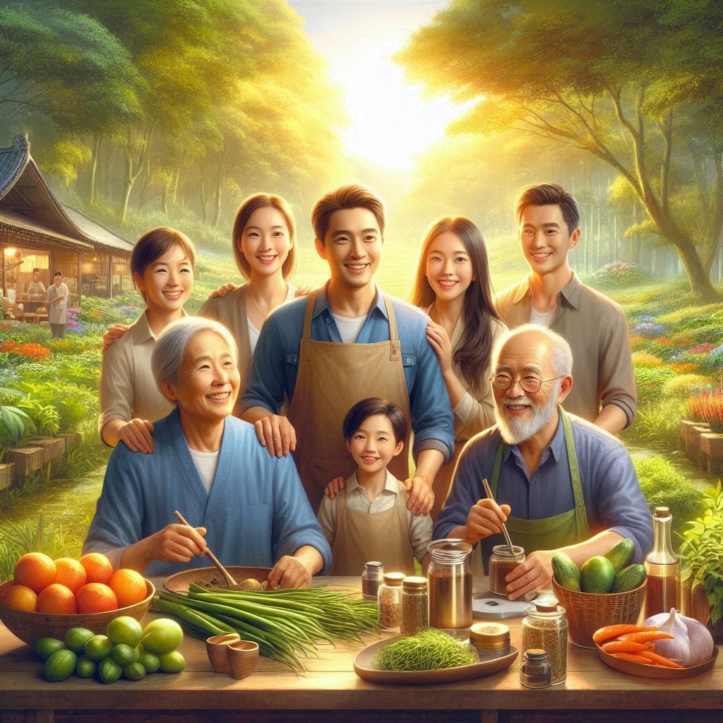 depict a vibrant beautiful radiant scene representing happy optimistic hard working productive family oriented chinese people in a lush green environment, hyperrealistic, very realistic, very very realistic, very highly detailed, very detailed faces, real world, HD Quality, 8k resolution, intricate details, incredibly detailed, crisp focus, cinematic light, digital art, depth of field, Canon EOS R camera with a 50mm f/1.8 lens, f/2.2 aperture, shutter speed
