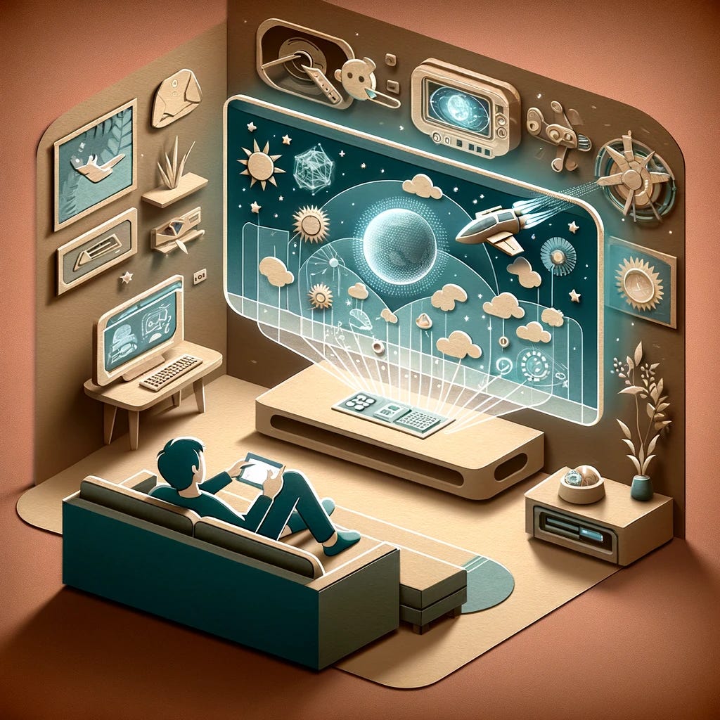 Illustrate in cut paper style with limited muted colors a scene set 50 years in the future, where a person is watching a documentary on their own personal virtual 3D screen projected above them. The image should show the individual lying back as they engage with floating holographic images that tell a story, the documentary's content. Around the person, include futuristic elements that suggest an advanced home environment. The virtual screen should have a soft glow, highlighting its advanced technology and the immersive experience of the viewer.