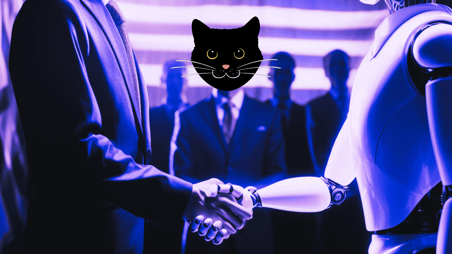 Image of cat president meeting an AI robot