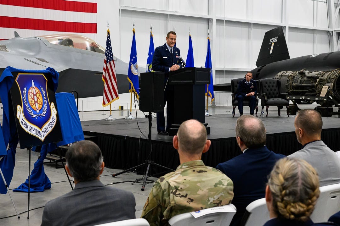 Brig. Gen. William Rogers, director of the Intercontinental Ballistic Missile Systems Directorate and Air Force program executive officer for ICBMs, speaks during a leadership ceremony at Hill Air Force Base in Utah, on August 27, 2024.