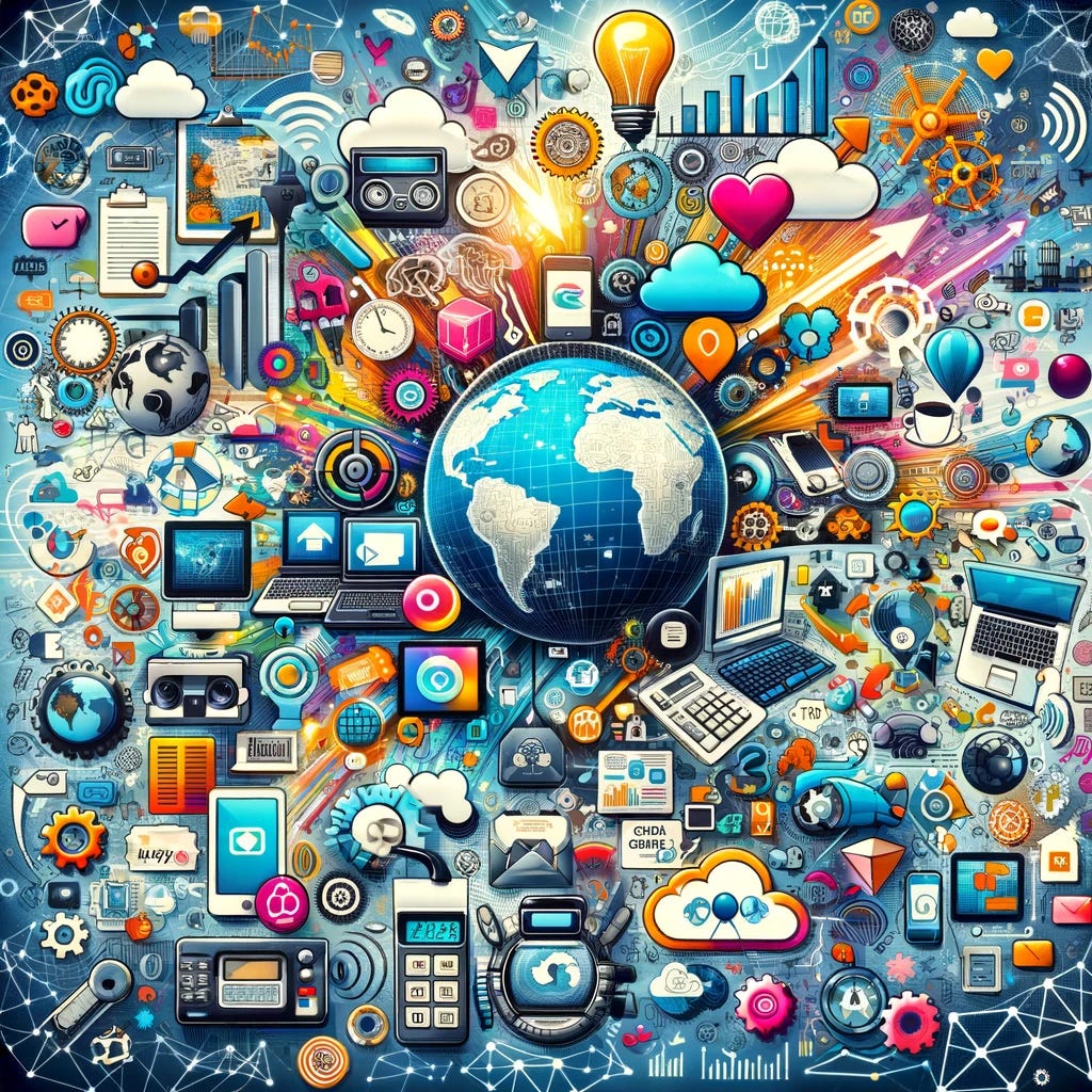 A collage representing the evolution of internet business strategy, featuring a mix of elements such as early dial-up internet, various e-commerce platforms, social media icons, cloud computing graphics, and digital network illustrations, in a dynamic and colorful style, 1024x1024