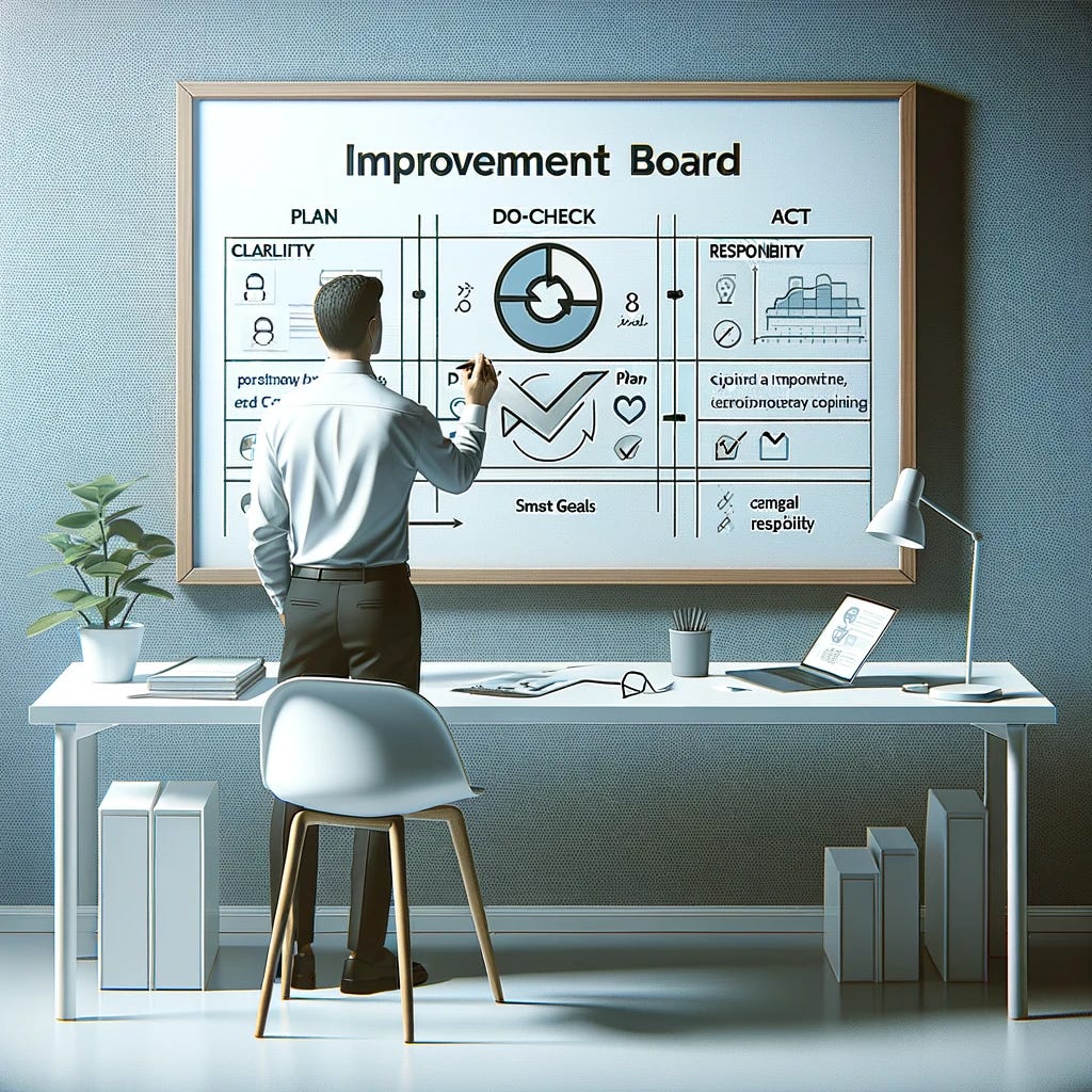 Illustrate a minimalistic and focused workspace where a single professional is reviewing an 'Improvement Board.' This board showcases the PDCA (Plan-Do-Check-Act) cycle and SMART goals, with clear, simple visuals. The professional is actively engaged, making notes, and planning actions based on these frameworks. The scene emphasizes the concepts of clarity, personal responsibility, and the pursuit of continuous improvement in a professional setting. The overall atmosphere should be calm and productive, with an emphasis on strategic thinking and effective planning.