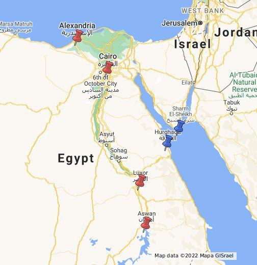 Map of popular Egypt tourist cities visited on a 14 day itinerary to see egypt landmarks